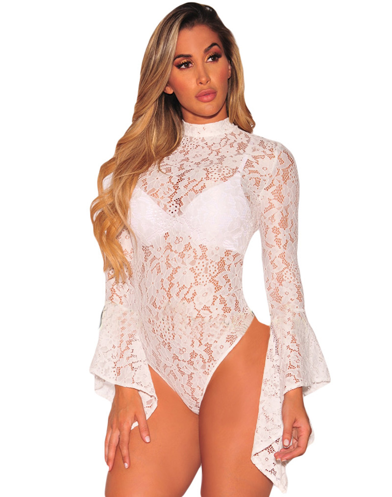 Floral Lace Long Sleeve Teddy White Wholesale Lingeriesexy Lingeriechina Lingerie Supplier 7869