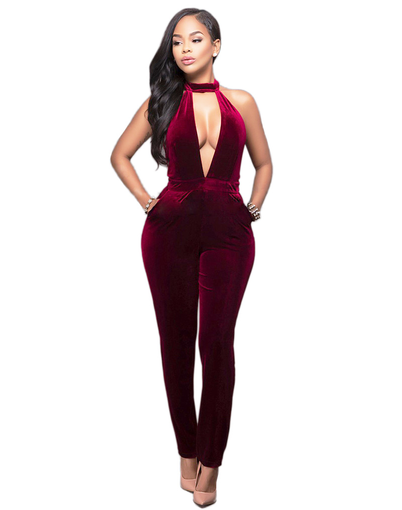 burgundy velvet jumpsuit